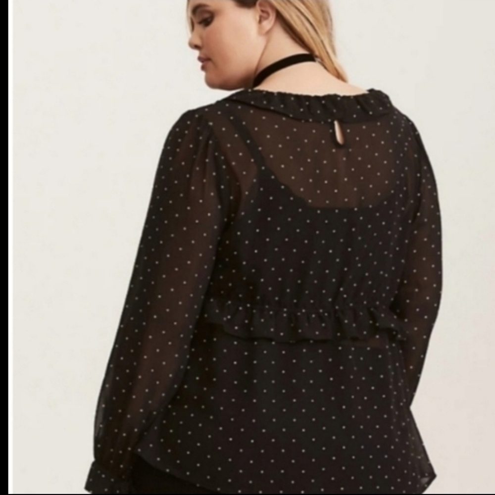 Torrid Black Polka Dot Ruffle Blouse Size 1 (1X) - Picture 2 of 9